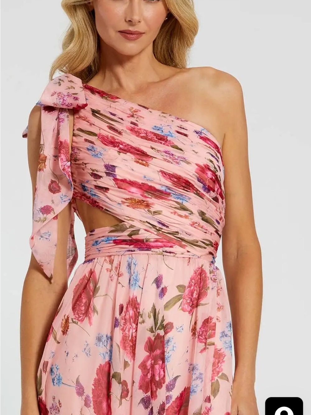 Mac Duggal Blush Pink Floral One-Shoulder Maxi Dress